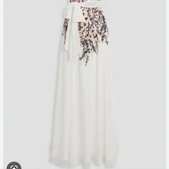 Badgley Mischka Women's White Embellished Printed Crepe De Chine Gown Size 2 - Picture 9 of 10